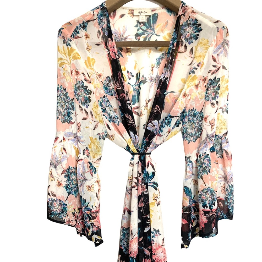 ❌SOLD❌LG•STYLE & CO•FLORAL SHEER OPEN CARDIGAN / COVER UP W WIDE FLARED SLEEVES• - Picture 2 of 6